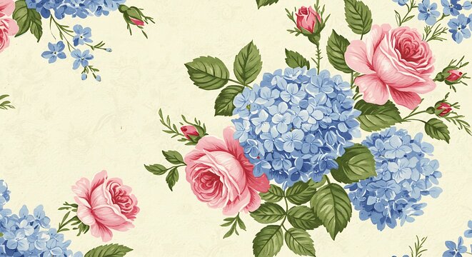 Pink Roses and Blue Hydrangeas Floral Seamless Pattern