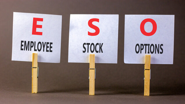 ESO employee stock options symbol. Concept words ESO employee stock options on beautiful white papers. Beautiful grey background. Business ESO employee stock options concept. Copy space.