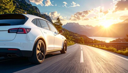 Naklejka premium Modern Vehicle Mockup Driving Along a Wide Open Road Designed for Vacation Promotions and Creative Travel Advertisement Concepts