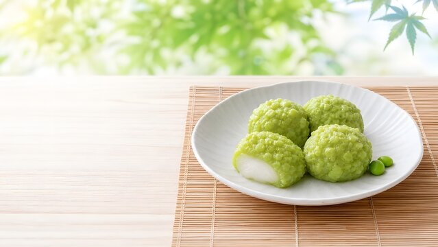 ずんだ餅 もっちり枝豆あんの和菓子 白皿と竹マットの夏の演出