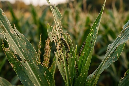 Fall armyworms eating and damaging a corn leaf in a field