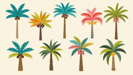 Naklejka premium Colorful tropical palm trees illustrated on a beige background with vibrant fronds and stylized leaves.