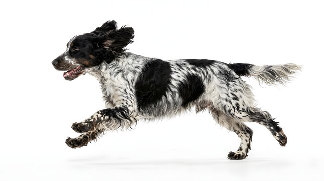 Black and white dog running isolated on white background