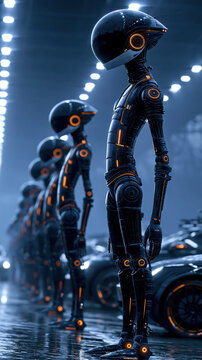 Futuristic robot line in blue factory light with orange glow and wet floor