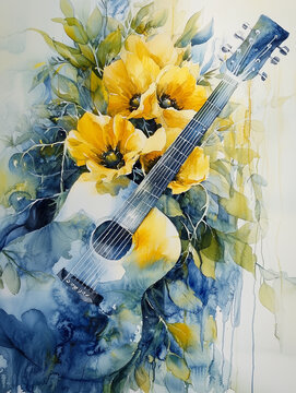 Watercolor acoustic guitar with yellow flowers, artistic musical instrument illustration, floral guitar painting in blue and yellow tones
