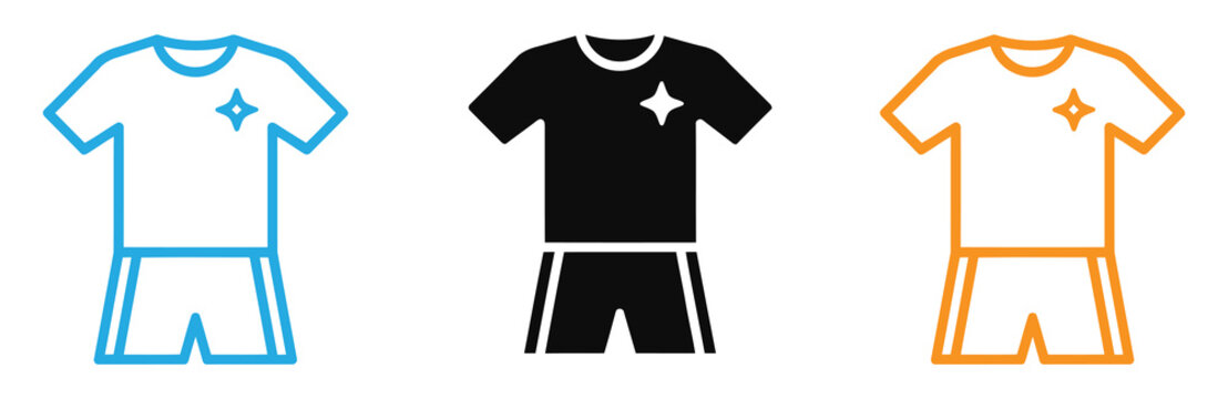 Three colorful soccer uniform icons with star emblem vector illustration .