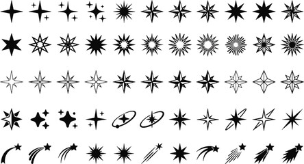 Retro black star icons set with glowing sparkles shooting stars cosmic bursts and celestial shapes for magic design vector illustration © tecna