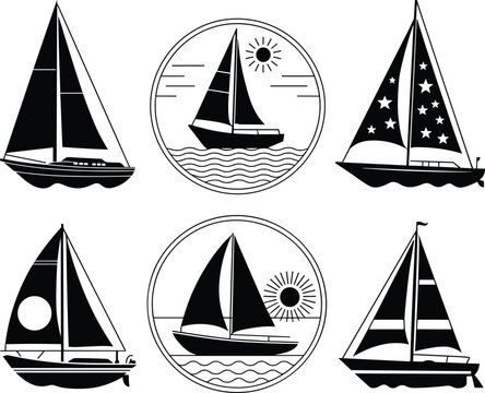 Sailing boat silhouettes and round nautical badges set featuring yacht graphics with decorative stars and sun elementsSailing boat silhouettes and round nautical 