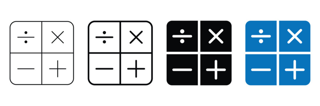 Calculation icon set with math symbols for calculator app or educational graphic design, including addition subtraction multiplication and division signs in linear and solid styles.