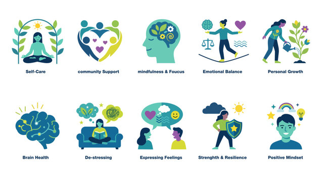 Mental health concepts including self-care, community support, mindfulness, emotional balance, personal growth, brain health, de-stressing, expressing feelings, strength and resilience, and positive m