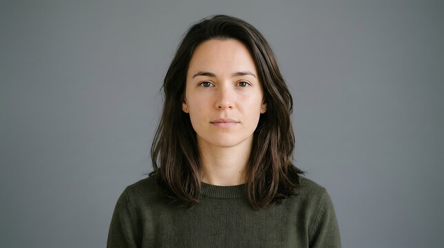 Studio portrait of a calm and confident young Caucasian woman looking at camera against a neutral dark grey background