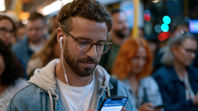 Commuter on crowded subway train completing two-minute microlearning module on phone, earbud in, brief quiz card filling screen, diverse passengers surrounding, urban transit environment, mobile-fir