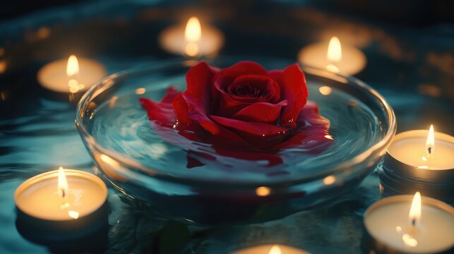 A vibrant red rose floating in a glass bowl surrounded by glowing tea light candles