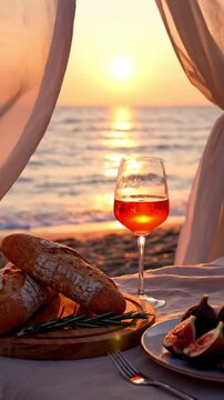 Romantic seaside dinner with bread, fruit, and wine at sunset