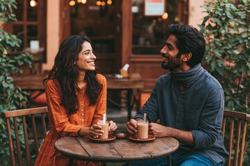 Fototapeta premium Couple sharing warm drinks at cozy outdoor cafe table with ambient lighting