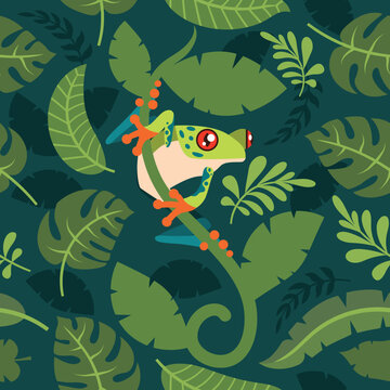 Red eye tree frog seamless pattern vector illustrations