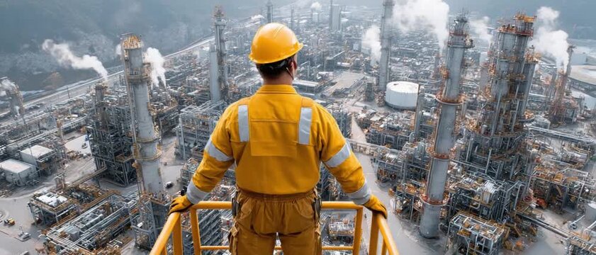 Industrial Visionary: A worker in a yellow hard hat and uniform surveys a vast industrial complex, embodying the scale and power of modern industry.
