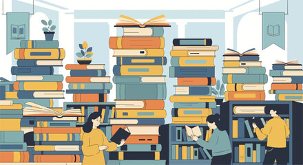 A colorful illustration of people browsing through a large collection of books © Mitri
