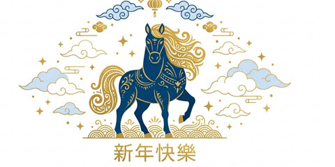 Chinese New Year Year of the Horse banner with blue horse golden mane clouds and stars minimalist vector illustration on white © Kabbo