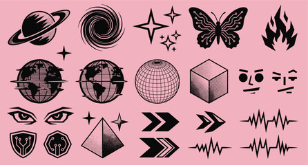 Y2k aesthetic abstract geometric shapes futuristic graphic design elements butterfly planet earth vortex star pyramid shield soundwave vector illustration © tecna