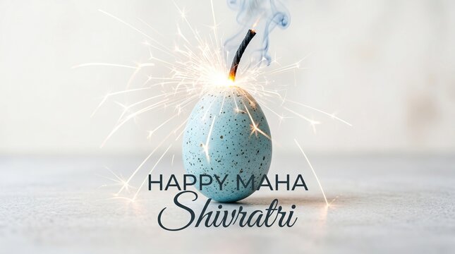 ​A minimalist, high-quality studio photograph of a single light blue speckled robin's egg standing upright on a clean, light gray surface. A black fuse sticks out from the very top of the egg, lit and
