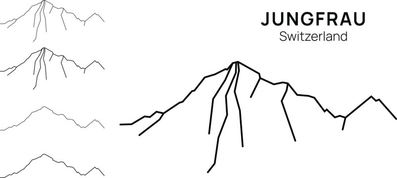 Jungfrau mountain outline set. Swiss Alps peak line art vector collection. Collection of Jungfrau mountain outline illustrations in minimalist line art style. Vector set featuring multiple mountain