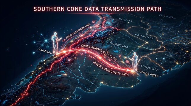 Southern Cone data transmission path across South America map with glowing lines and human figures