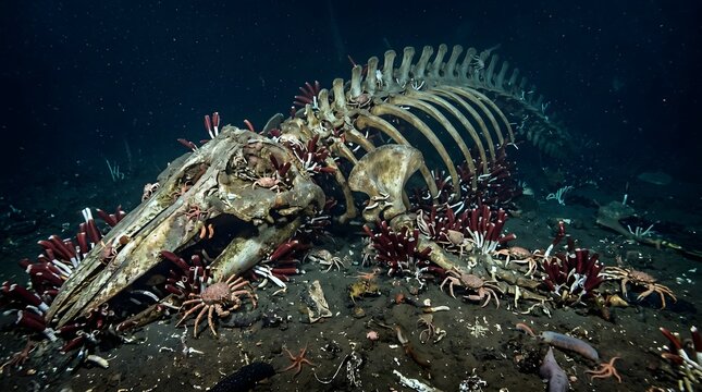 Whale fall skeleton on the deep ocean floor, marine ecosystem with scavengers and crabs, underwater whale carcass decomposition in the abyss