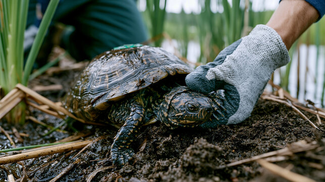 Habitat volunteer carefully releasing a tagged juvenile turtle near a marsh edge, kneeling in the mud with protective gloves on, overcast dramatic sky reflecting off still water behind the tall catt