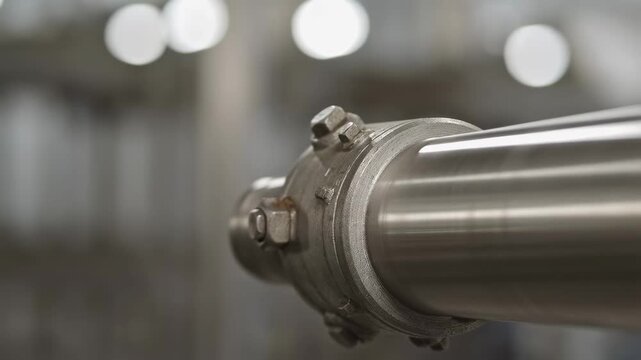 Close-up of a stainless steel pipe fitting in an industrial setting. Essential component for fluid transport in manufacturing processes