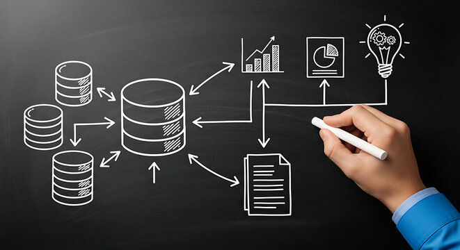 Hand drawing a complex data architecture and information flow diagram on a blackboard for business strategy