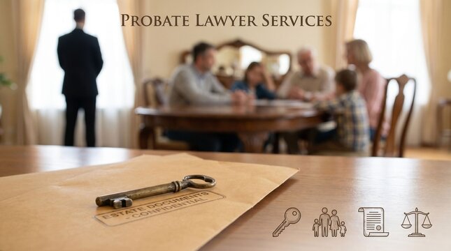 Close up of document with key and icon stamps on table, family and suited lawyer in background representing probate lawyer service and estate settlement.