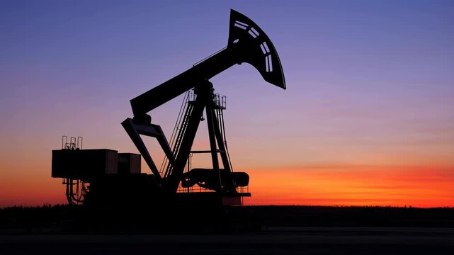 Silhouette of an oil pump jack against a vibrant sunset sky. Represents the energy industry and the extraction of natural resources