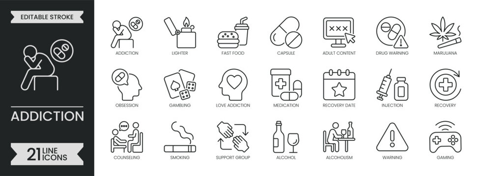 Addiction outline icon set. Containing recovery, substance abuse, habit, adult, smoking, fast food, alcohol, gambling, rehab, syringe, problem and more. Editable stroke icons pack. Vector illustration