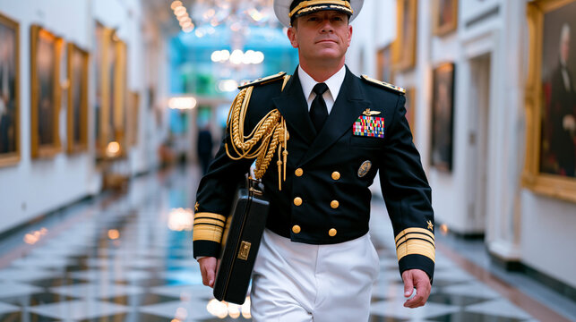 Military aide in dress uniform carrying a sealed briefing case through a formal corridor lined with official portraits, polished marble floors reflecting overhead chandelier light in the executive b