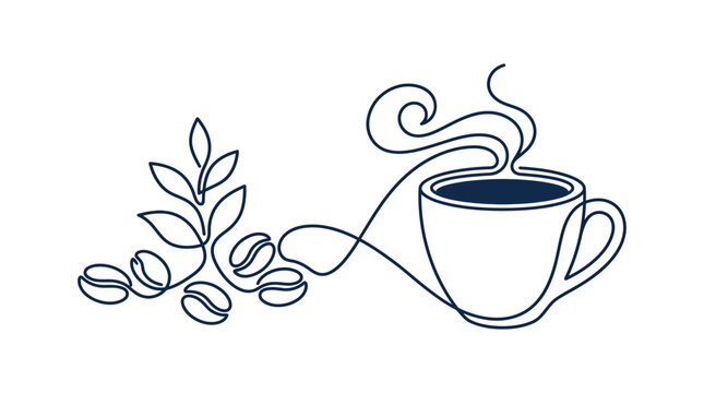 Minimalist line art of coffee cup with steam, coffee beans and plant