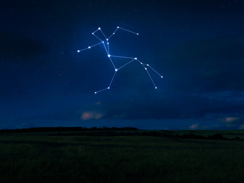 Centaurus constellation in the night sky. Dreamlike landscape with astrological sign. Bright stars over the hills.