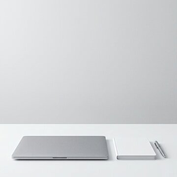 Minimalist White Desk Setup with Metallic Laptop and Copy Space