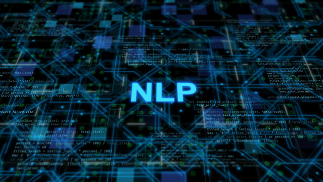 Natural language processing concept showing artificial intelligence text analysis, speech recognition, machine learning algorithm, and deep learning communication technology interface