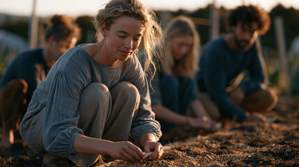 Obraz premium Seed-saving collective members crouch together in a community garden, carefully labeling small envelopes of heritage variety seeds, the golden hour light warming their hands and