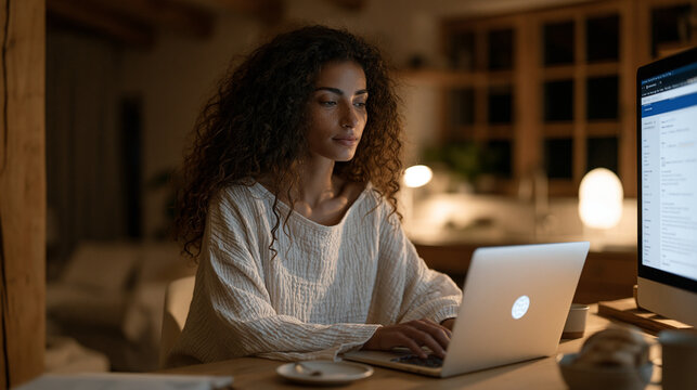 Language learning app streak milestone email displayed on desktop showing globe icon and consecutive practice days, adult learner in pajamas at kitchen table early morning routine