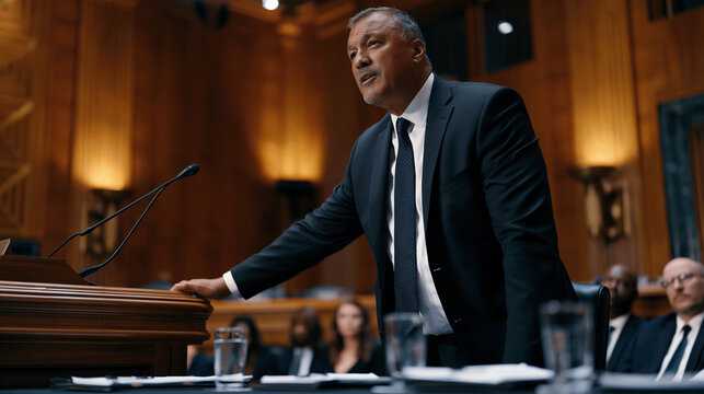 Senator leaning toward a microphone on a raised dais inside a wood-paneled congressional hearing chamber, witnesses seated at a long table below with legal pads and water glasses in front of them .u