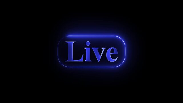 Live broadcast neon sign with glowing blue led text and pulsing indicator light pulsing light