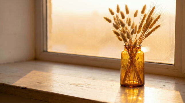 Dried flowers arrangement in amber glass vase on wooden windowsill, bathed in warm sunlight, cozy home decor concept.