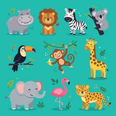 Naklejka premium A delightful collection of cartoon jungle animals, including a hippo, lion, zebra, koala, toucan, monkey, giraffe, elephant, flamingo, and leopard, isolated on a vibrant teal background.