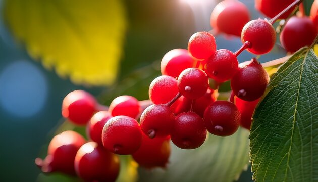 Close Up Of Vibrant Red Schisandra Berries And Leaves In Their Natural Environment