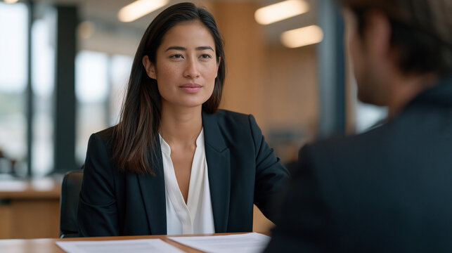 Peruvian immigrant woman in business attire sitting across from an immigration officer at a consulate interview desk, documents arranged precisely before her, harsh overhead
