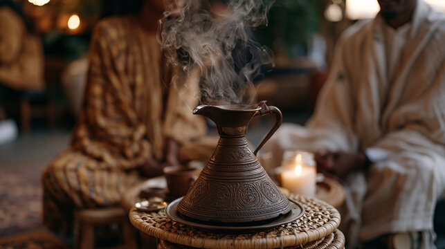 Ethiopian immigrant-owned coffee ceremony setup in a small storefront, traditional jebena pot, incense curling upward, a few neighbors seated on low stools, immigrant food culture