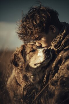 Romantic love theme for Valentines Day. A man tenderly embracing a dog in a field, captured in a shallow depth of field with a blurred background.