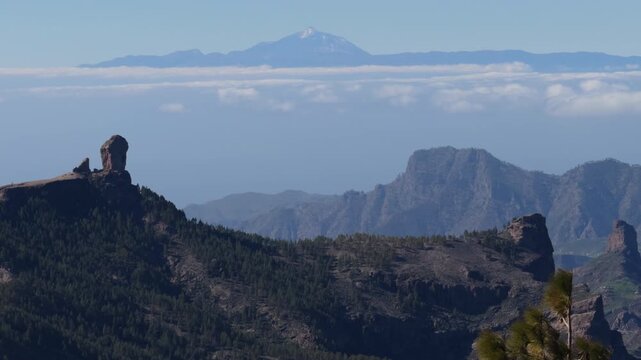Snow capped Teide volcano above clouds from Gran Canaria